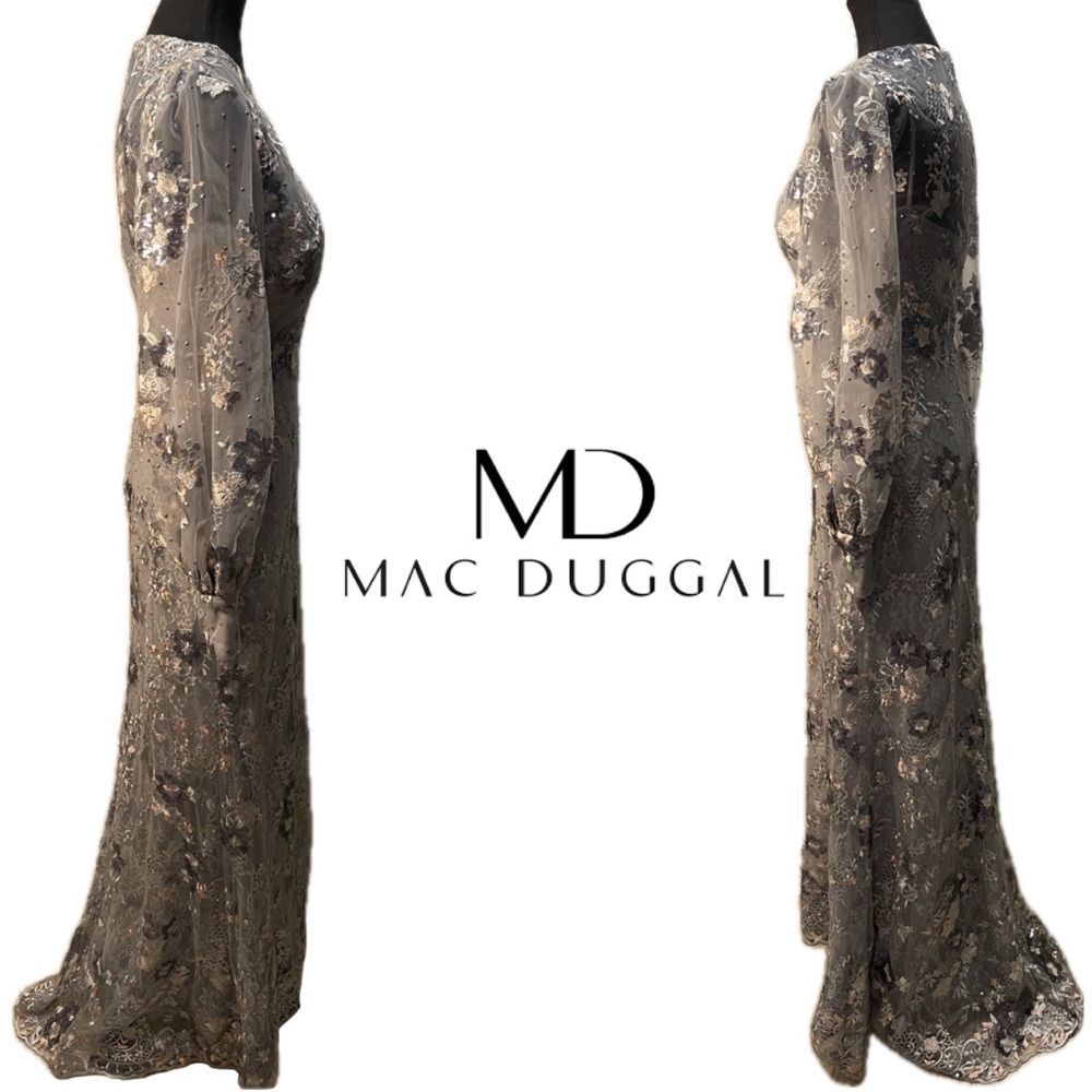 Mac Duggal 67936 Platinum Embroidered Flower Jewel Illusion Bishop Sleeve Gown 4 - Picture 3 of 16